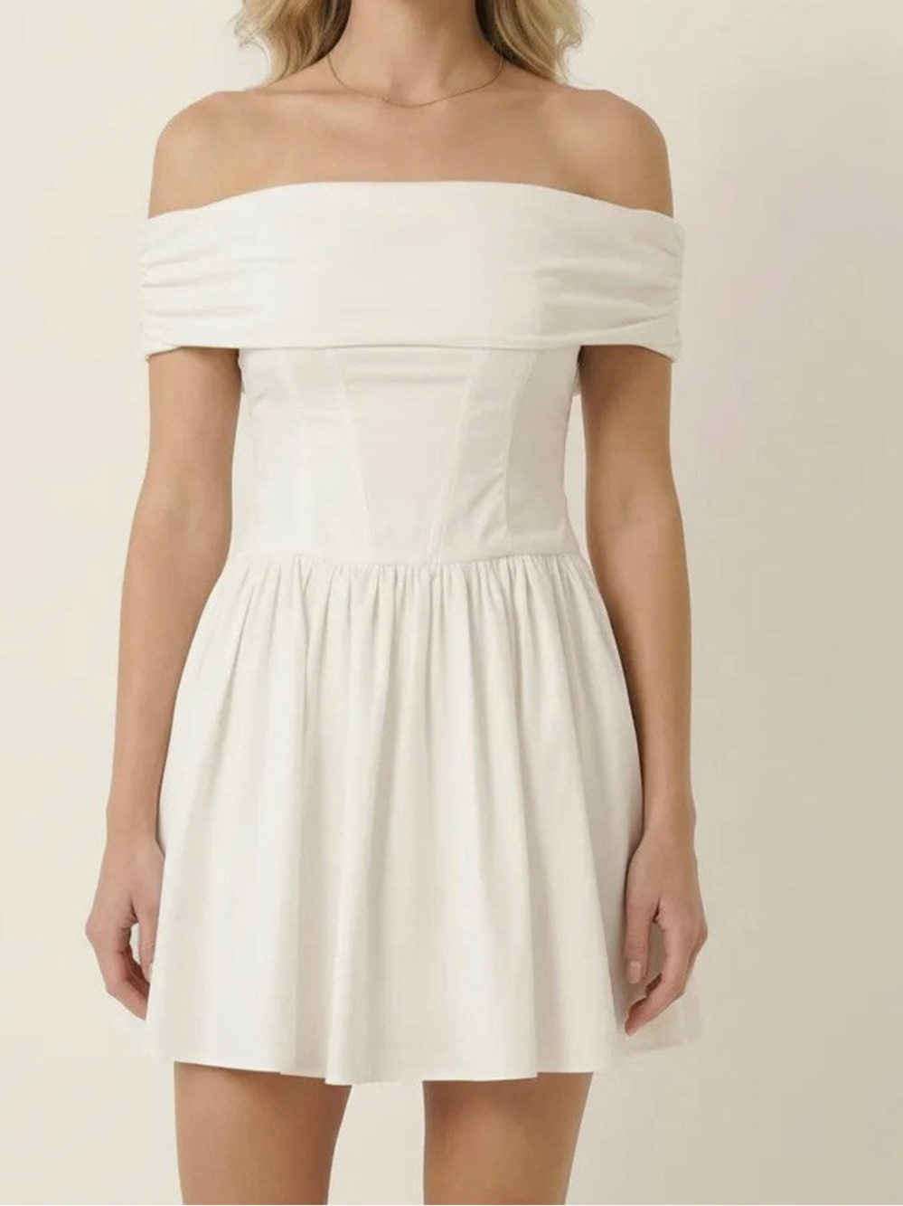 Modenaire Off-Shoulder Ruched Bodice Mini Dress with Flowy Skirt